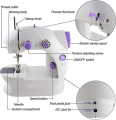 Mini 4-in-1 Sewing Machine with Dual Speed Portable Sewing Machine for Beginners with Light, Sewing Kit for Household Use.